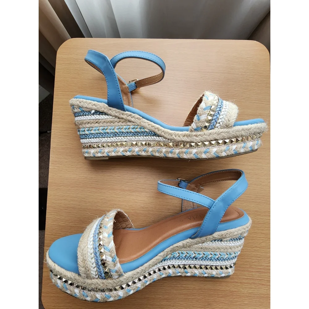 Patrizia Tisch Woven Wedge Light Blue Embellished Espadrille Sandals US 9.5 EU41